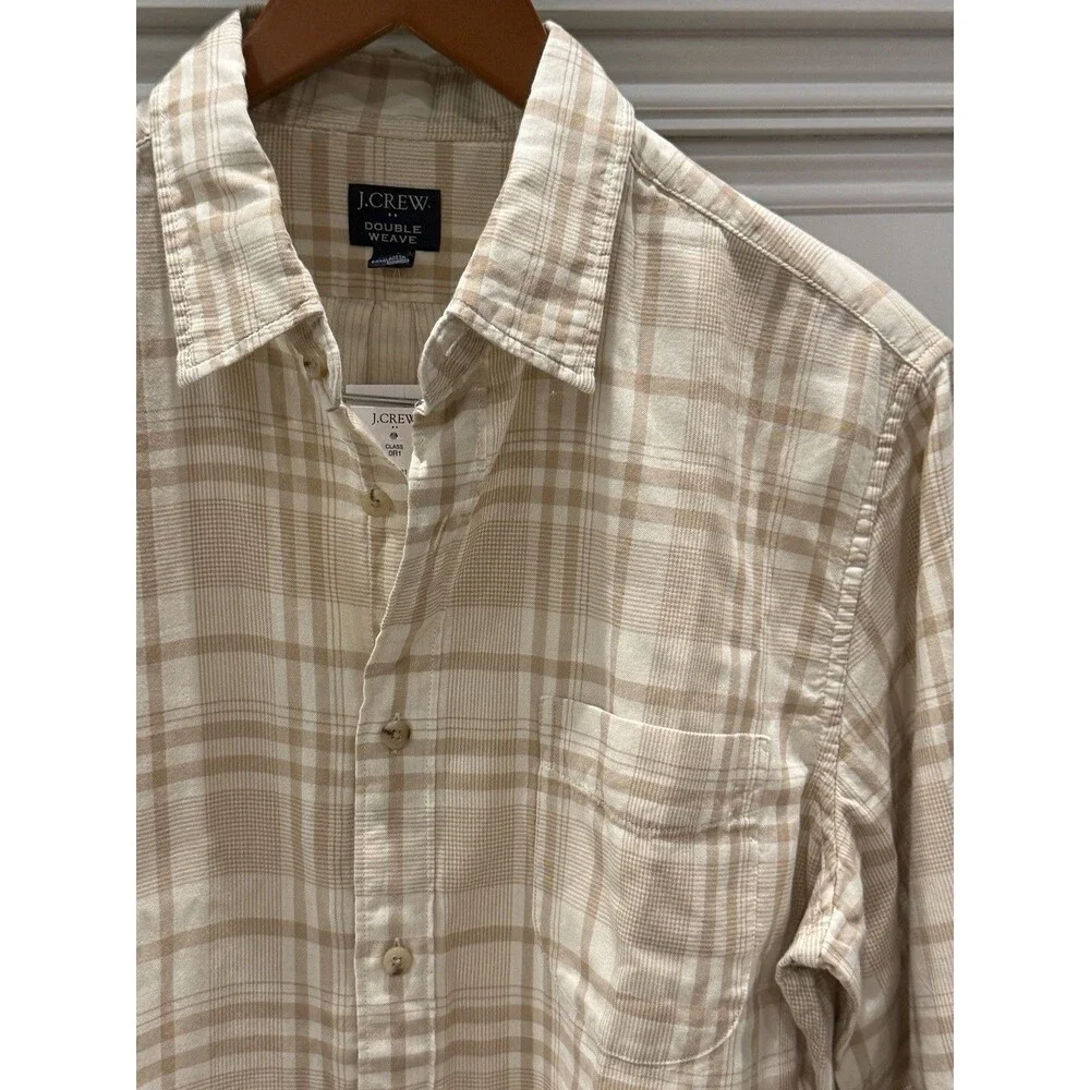 J.Crew Mens Double Weave Plaid Button Up Shirt Size Medium Tan Cream Plaid NWT